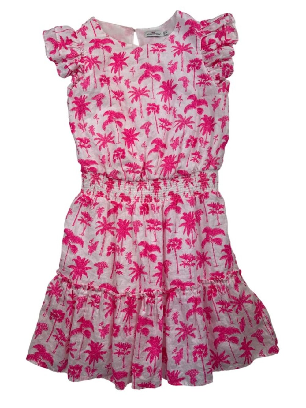 Vineyard Vines Women's M Linen Pink Palm Mini Dress Smocked Ruffle Tropical Res - Picture 4 of 11